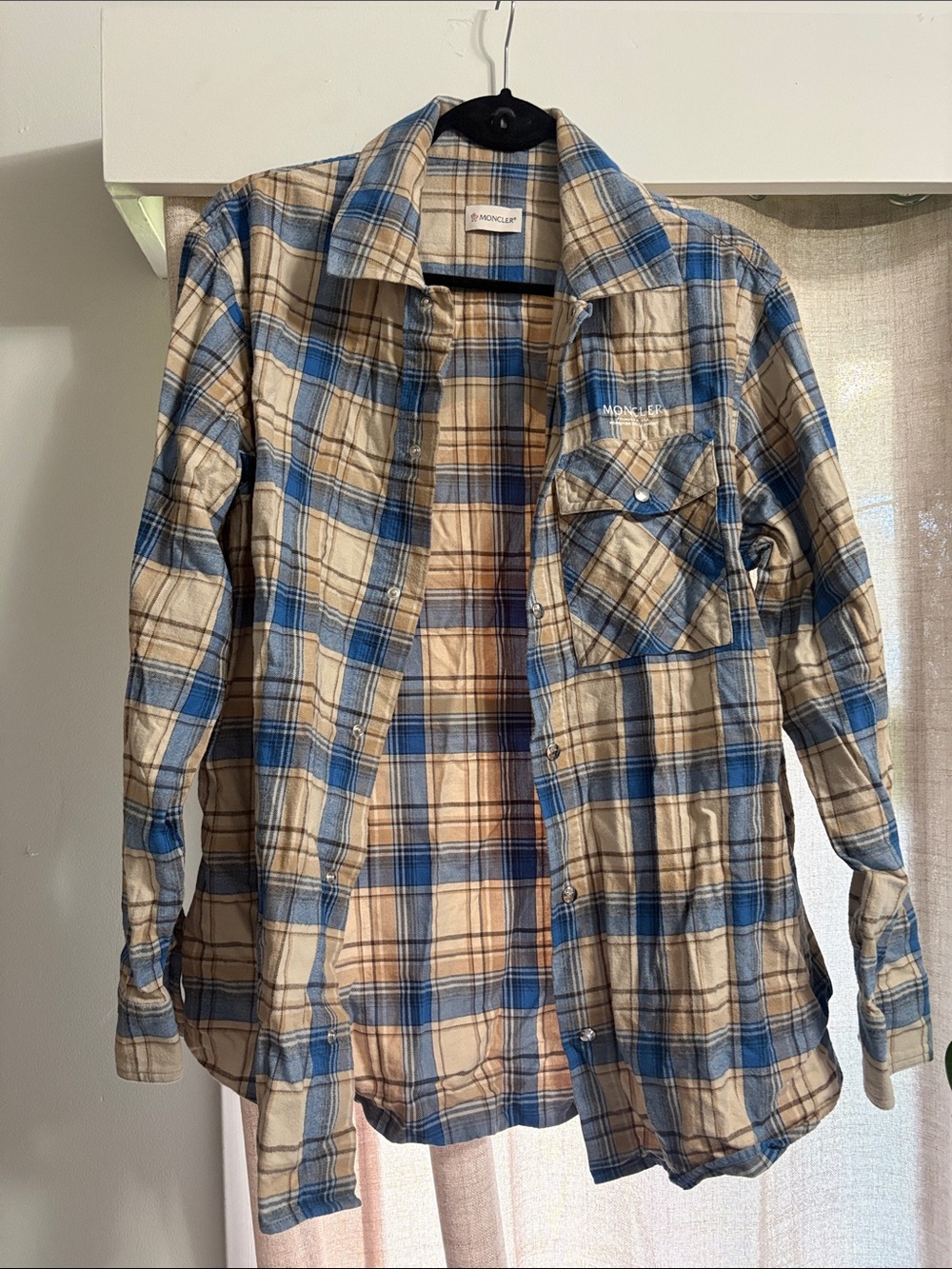 Moncler Blue and Cream Plaid Button-Down Shirt